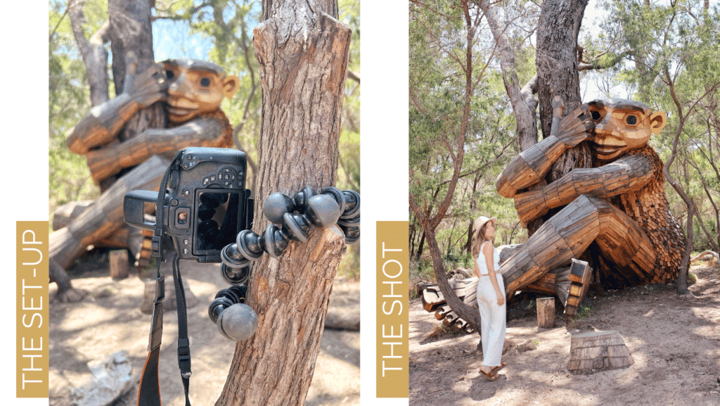 A two-image collage depicting a photo setup and the resulting shot. The left image shows a camera mounted on a flexible Joby tripod, the best tripod for solo travellers, attached to a tree, aiming at a large wooden sculpture of a whimsical creature hiding its face. The right image captures a woman standing beside the same wooden sculpture in a forested area, smiling and looking at the camera. The left image is labeled "The Set-Up," and the right image is labeled "The Shot."