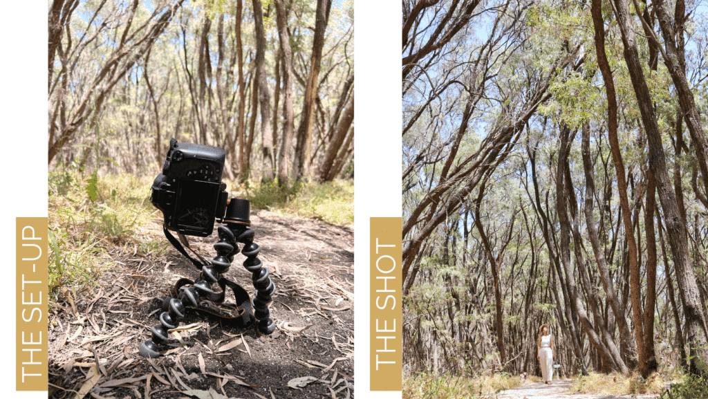 Side-by-side comparison of a Canon DSLR camera setup on a Joby GorillaPod tripod, the best tripod for solo travellers, on a forest trail (left) and the resulting photo of a woman standing on the same forest path surrounded by tall trees (right). The left image shows the camera positioned low to the ground, capturing the natural scenery, while the right image illustrates the successful shot taken using this setup.