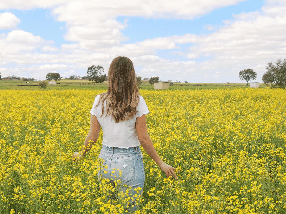 A young woman with long brown hair, wearing a white shirt and light blue jeans, standing in a vibrant yellow canola field under a partly cloudy sky.