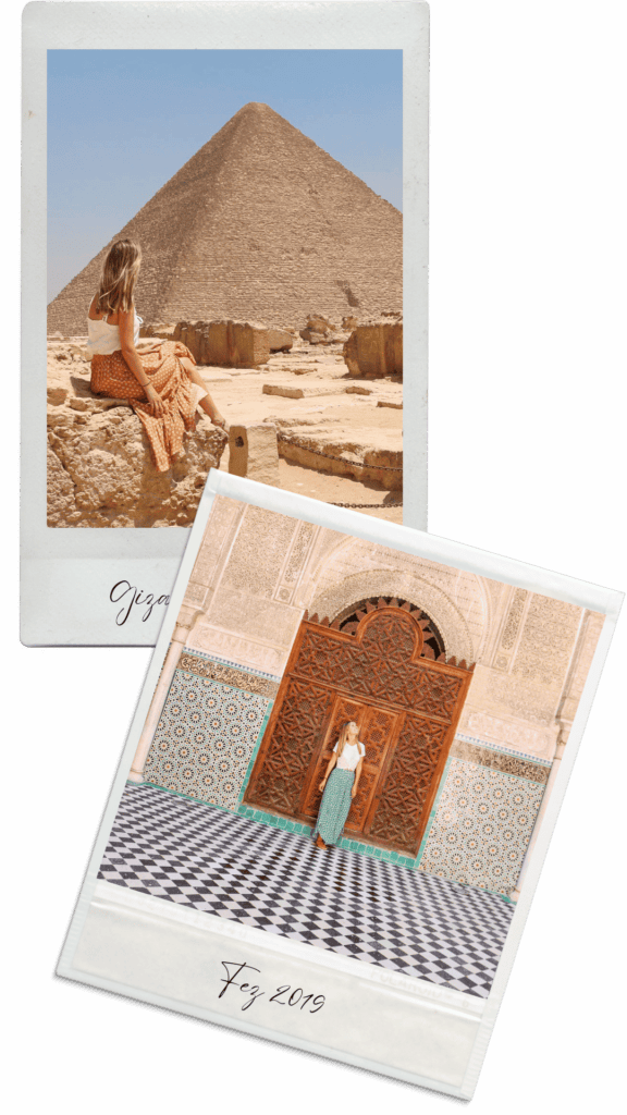 Image 1: A Polaroid-style photo of a woman with long hair sitting on a rock, facing the Great Pyramid of Giza under a clear blue sky. She is wearing a white top and an orange patterned skirt. The vast desert surrounds the pyramid, evoking a serene and historic atmosphere. The label at the bottom of the Polaroid reads "Giza." Image 2: A Polaroid-style photo of a woman standing in front of a large intricately carved wooden door framed by colourful patterned tiles at a historic building in Fez, Morocco. She is wearing a white top and a teal patterned skirt, looking slightly off-camera. The black-and-white tiled floor complements the vibrant, detailed wall designs. The label at the bottom of the Polaroid reads "Fez 2019."