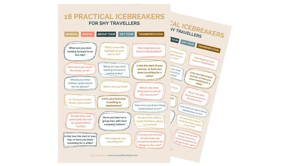 Graphic titled '18 Practical Icebreakers for Shy Travellers,' categorized into five sections: General, Hostel, Group Tour, Day Tour, and Transportation. Each section contains conversation starters, such as 'What are you most looking forward to on this trip?' and 'How long have you been in [destination]?' Designed to encourage social interactions, the text is displayed in colorful speech bubbles on a printable sheet by Away With Wonder.